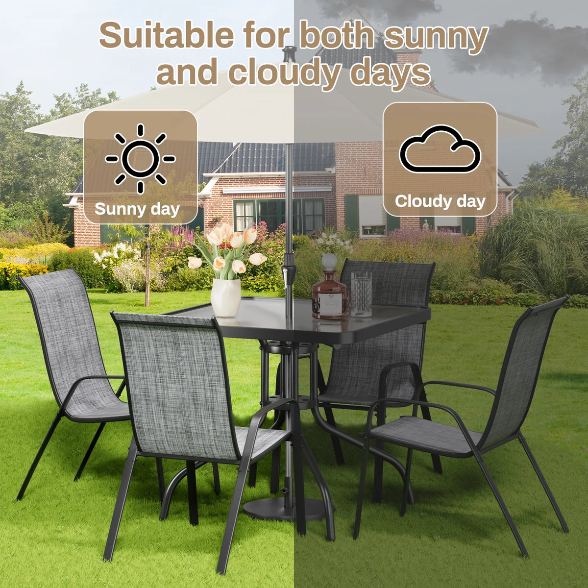 Pirecart 5-Piece Outdoor Patio Dining Table Set with 4 Stackable Textilene Chairs for for Patio, Lawn, Garden, Gray