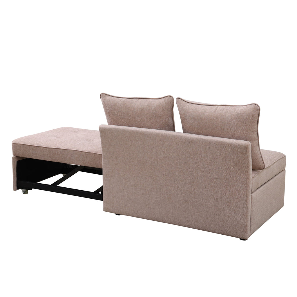 Aukfa 71" Convertible Chaise Futon Pull Out Sofa Chair Bed, Adjustable Backrest, 2 Pillows, Linen, Pink