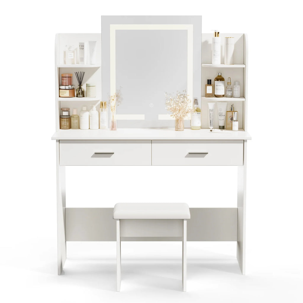 Vanity Desk with Chair, White Makeup Desk Set with Mirror & LED Lights, Vanity Table with Power Strip, 2 Drawers, 4 Shelves