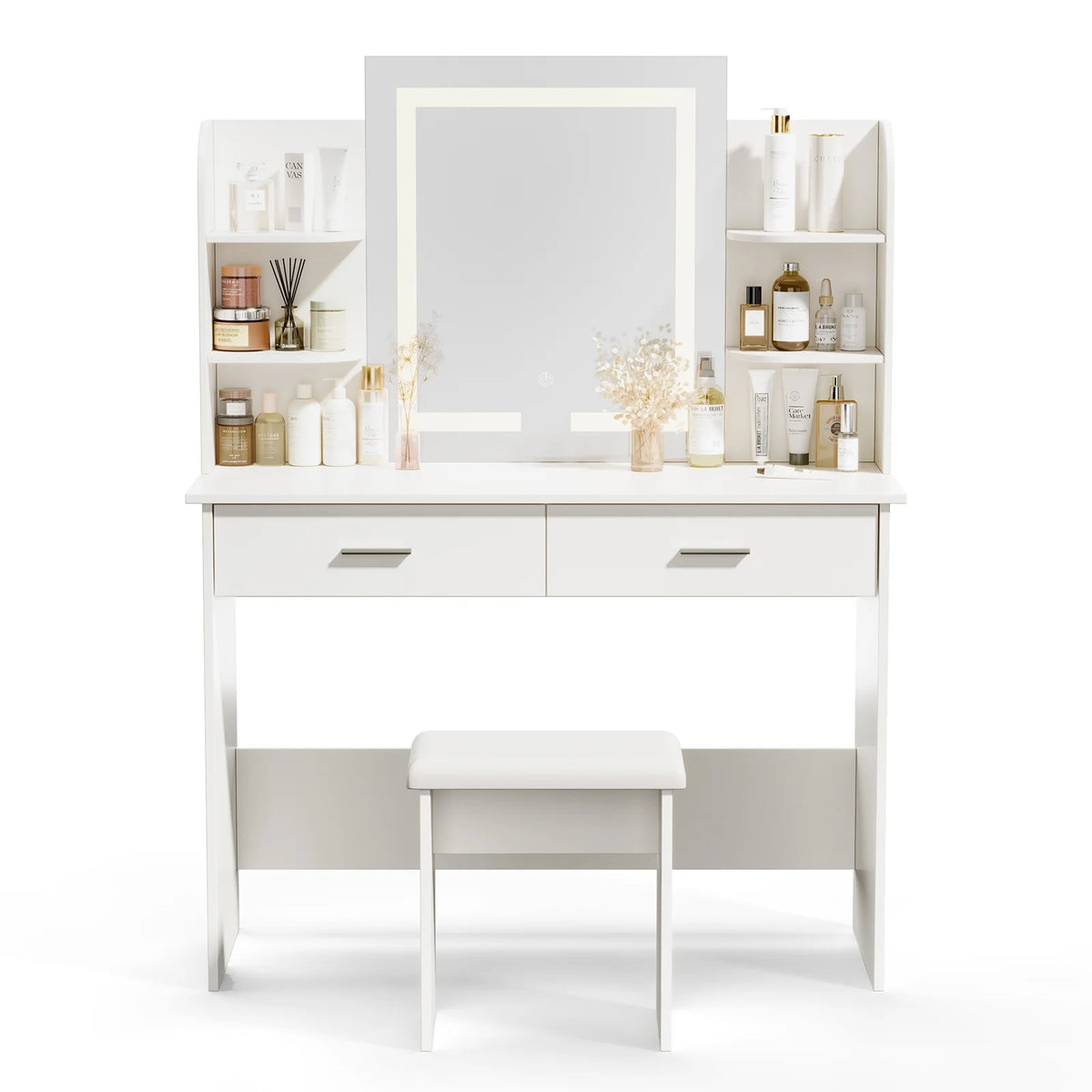 Vanity Desk with Chair, White Makeup Desk Set with Mirror & LED Lights, Vanity Table with Power Strip, 2 Drawers, 4 Shelves