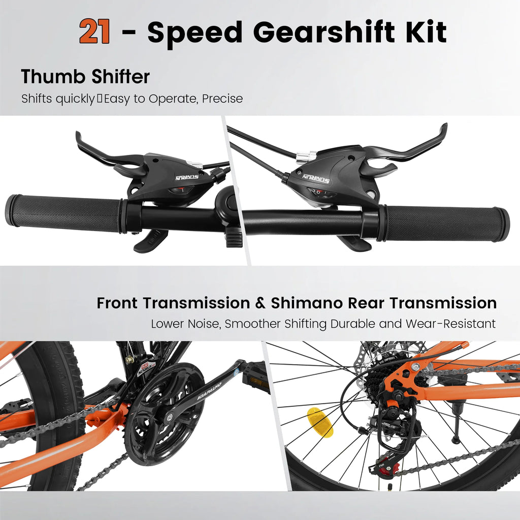 26" Steel Frame Mountain Bike, 21-Speed Unisex Bicycle with Dual Shock Absorbers, Black & Orange
