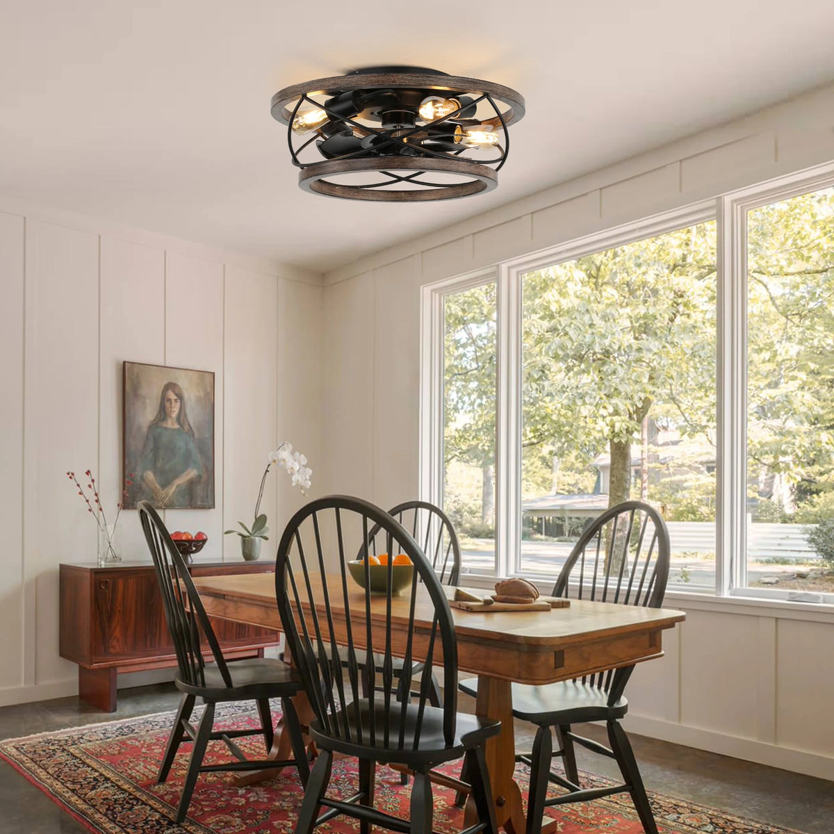 18" Rustic Wood Caged Ceiling Fan with Light and Remote Control, Farmhouse 3-Speed Reversible Flush Mount Ceiling Fan