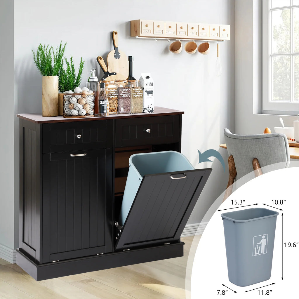 KIGOTY Dual Kitchen Trash Cabinet, Double Tilt Out Trash Can Cabinet with Countertop and Drawer, Free-Standing Pet Proof Recycling Cabinet Garbage Can Holder, Wood (White)