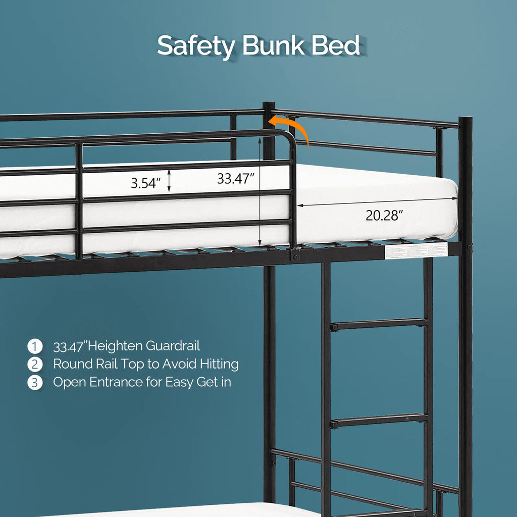 VINGLI Metal Bunk Bed Twin Over Twin with Flat Ladder and High Guardrail, Double Twin Bunk Beds for Kids/Teens/Adults, Bunk Bed with Stairs,Black