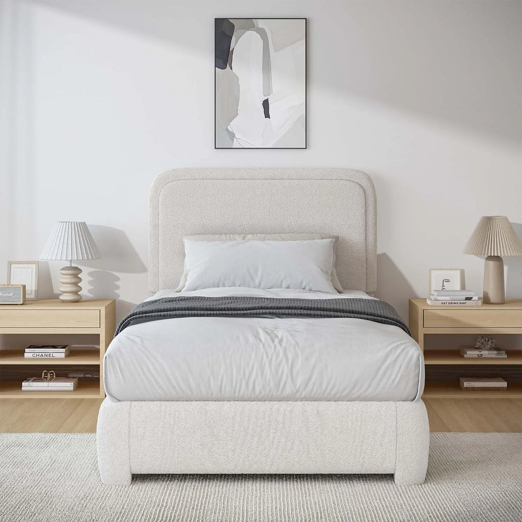 4 EVER WINNER Twin Size Bed Frame, Modern Bed Frame with Headboard, Boucle Fabric Upholstered Bed Frame, Soft Curved Headboard, Cream