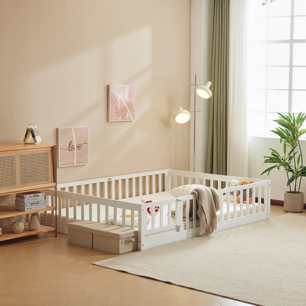 Ktaxon Montessori Twin Floor Bed with Safety Guardrails, Toddler Bed Frame for Kids, Wood Frame - Nature
