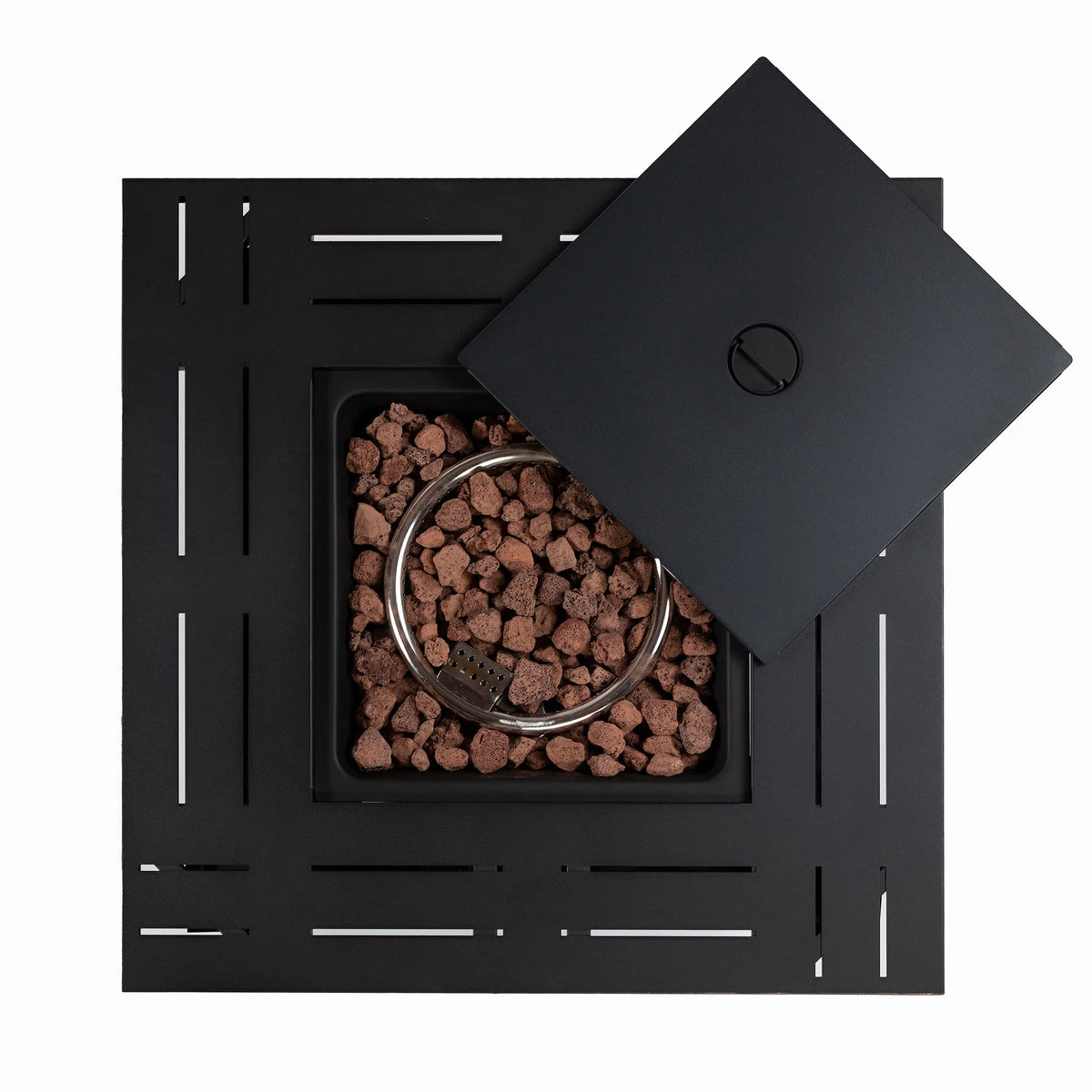 28" Fire Pit Table, Propane Fire Pit with Lid, Lava Rocks, 50000 BTU Outdoor Gas Fire Pit, Metal Square Propane Fire Pit for Outside Garden Backyard Deck Patio, Brown, LLL4008