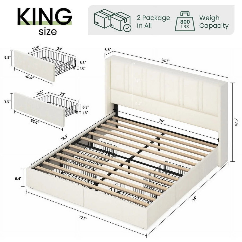 LARMACE King Size Upholstered Bed Frame with 4 Storage Drawers and Vertical Channel Tufted Headboard Linen Platform Bed Frame Wingback Beds with Wooden Slats Support, Beige