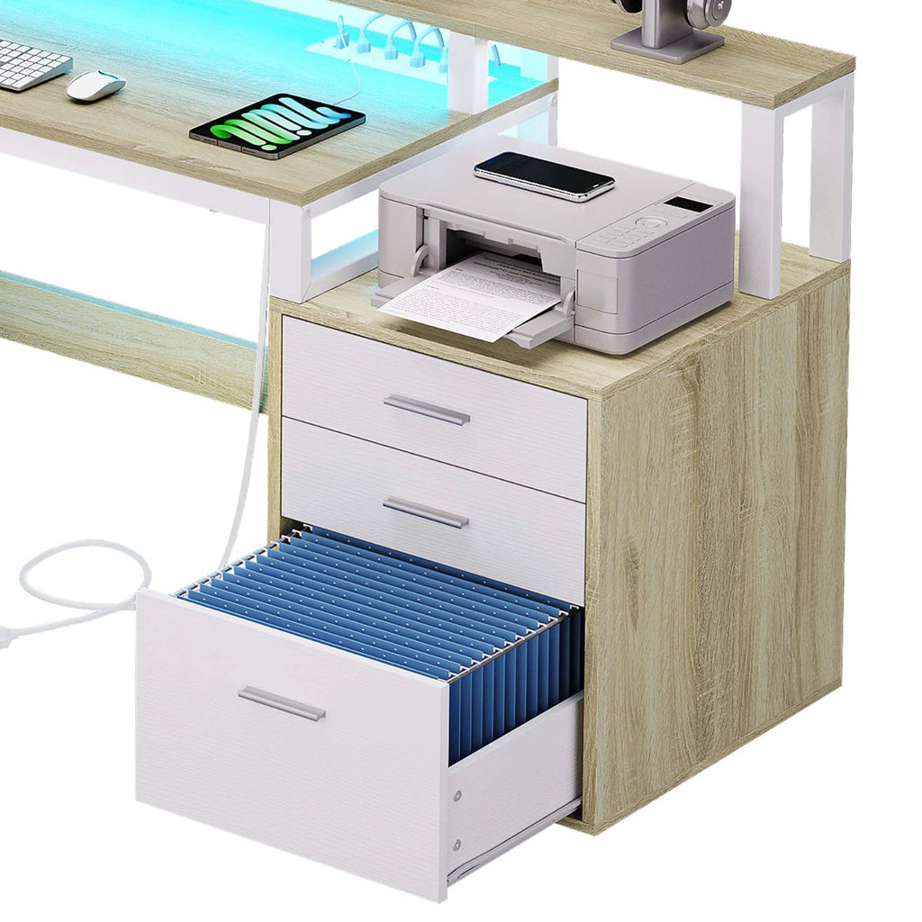 Dextrus 65" L Shaped Desk with Power Outlets and Monitor Stand , Computer Desk with LED Light &File Cabinet, Corner Desk with 3 Drawers & 4 Open Storage Shelves, Modern Home Office Desk, White