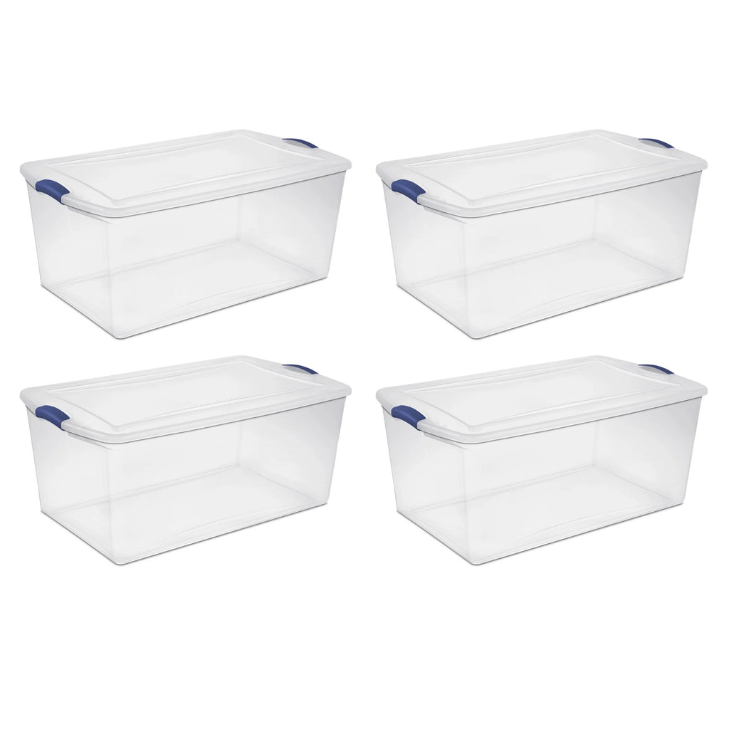 Sterilite 105 Quart Latch Box, Clear Plastic Storage Bin with Clear Lid, Blue, 4 Count
