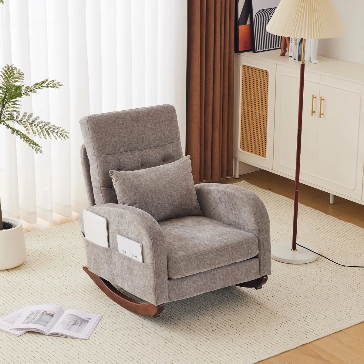 Ktaxon Rocking Accent Chair Glider Reading Chair Comfy Teddy Velvet Upholstered Single Sofa Rocker for Living Room, Nursery, Bedroom Beige