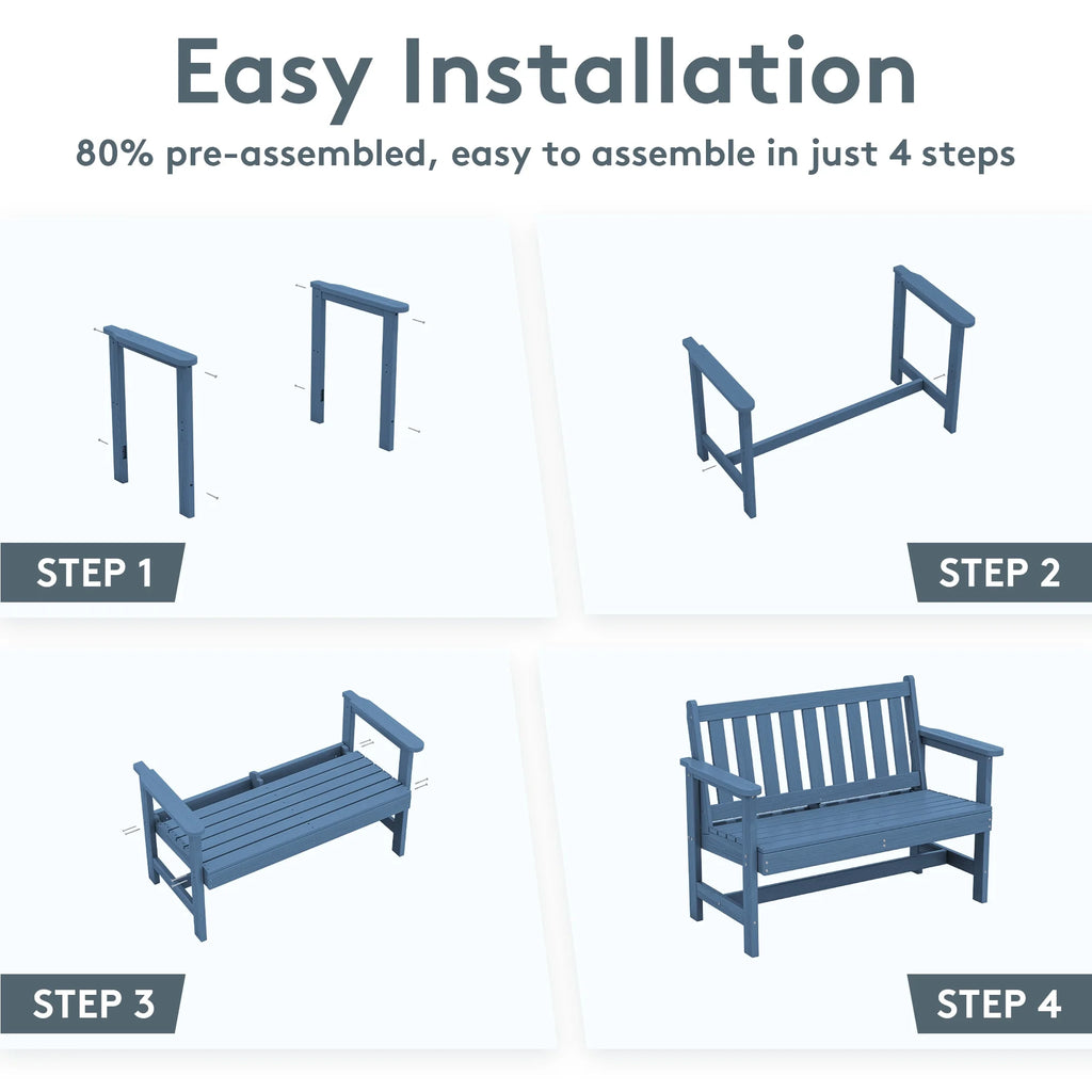 SERWALL Outdoor Bench for 2-Person, Weather-Resistant HDPE with Aluminum Reinforcement, Supports 660 lbs, Comfortable Seating for Patio, Garden, and Porch, Black