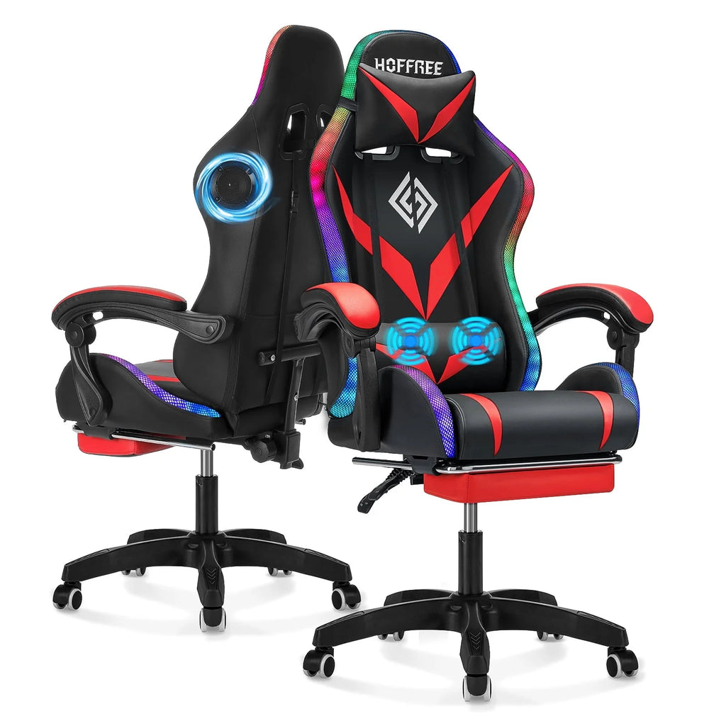 Hoffree Gaming Chair with Bluetooth Speakers Office Chair with Footrest and LED Lights Ergonomic Gaming Chairs High Back with Lumbar Support and Headrest Adjustable Swivel for Home Office 300lb