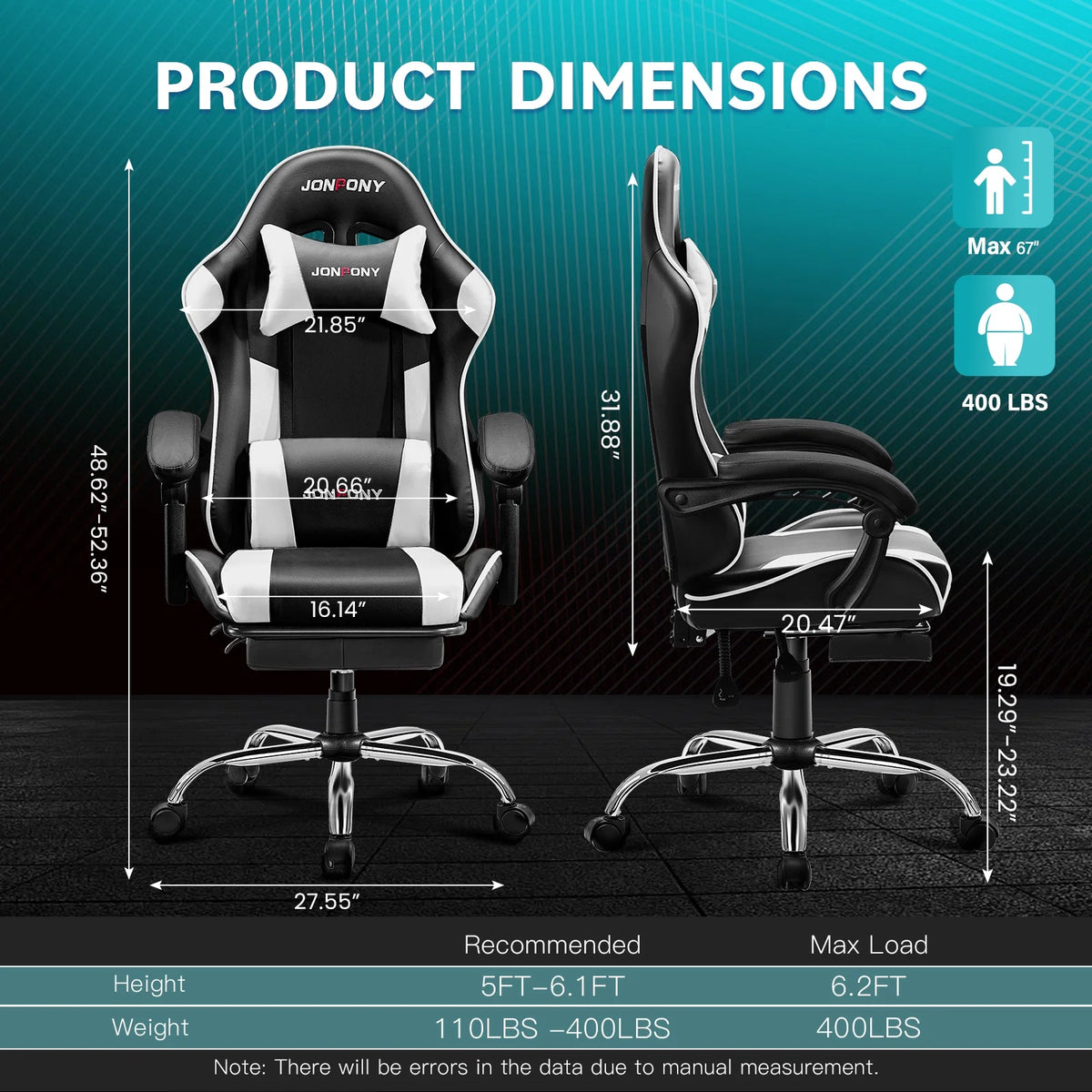 JONPONY Big and Tall Gaming Chair, Ergonomic Design, Gamer Chair PU Leather with Footrest and Lumbar Support, High Back Office Chair Support 8 Hours Long Sitting, Computer Chair,Black Grey