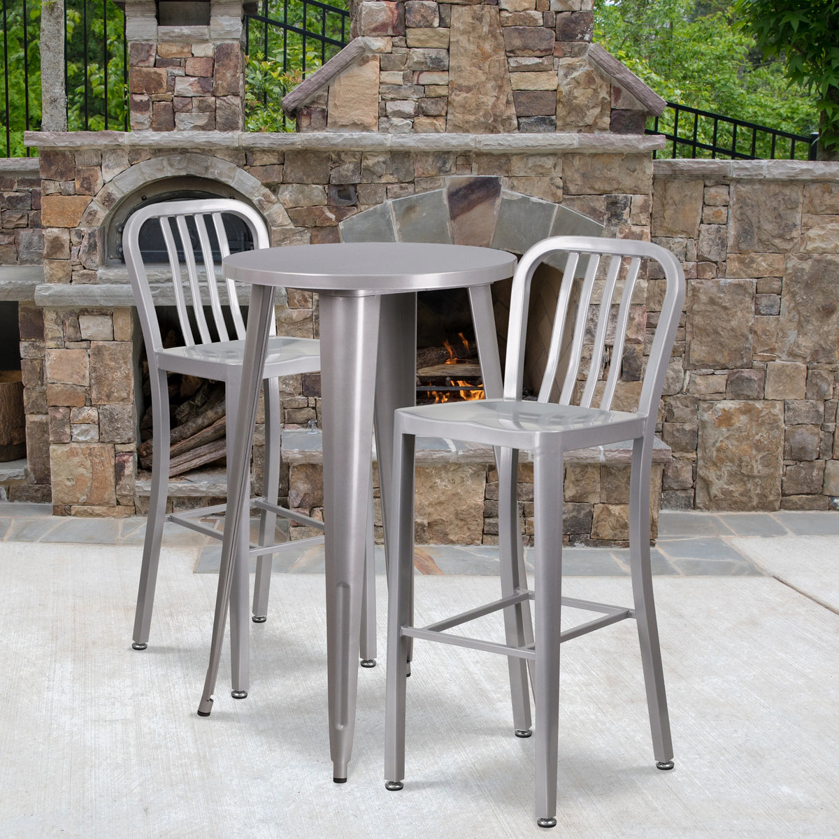 Flash Furniture Earl Commercial Grade 24" Round Silver Metal Indoor-Outdoor Bar Table Set with 2 Vertical Slat Back Stools