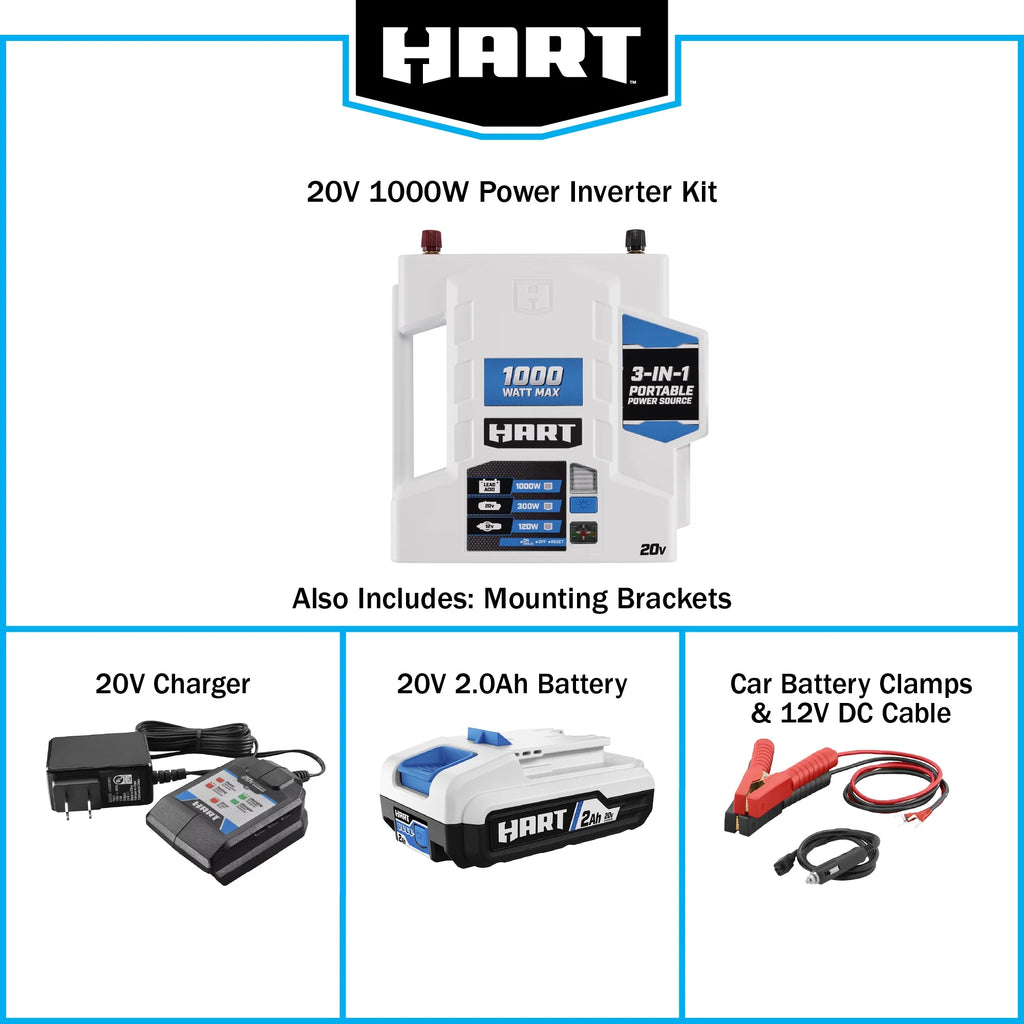 HART 20V 1000-Watt Max Automotive Power Inverter Kit, (1) 2.0Ah Lithium-Ion Battery