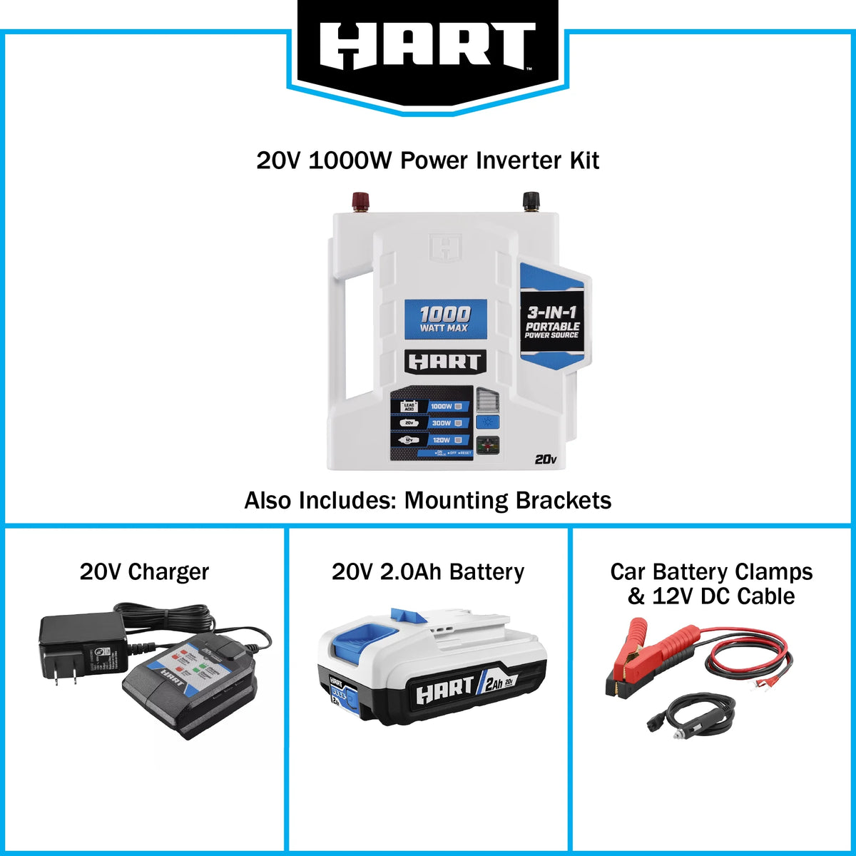 HART 20V 1000-Watt Max Automotive Power Inverter Kit, (1) 2.0Ah Lithium-Ion Battery