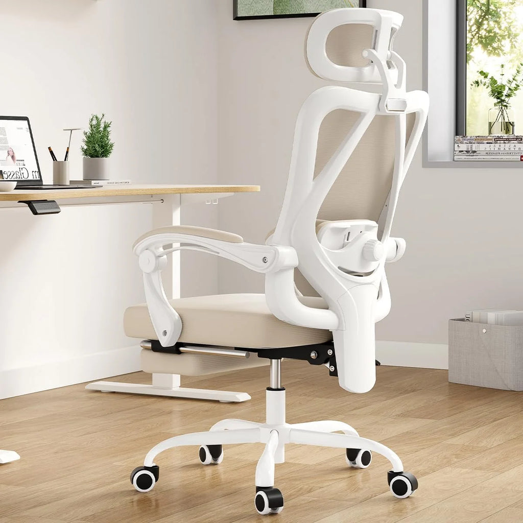 STARY Ergonomic Office Chair with Footrest, High Back Mesh Desk Chair with Adjustable Headrest & Lumbar Support, Comfortable Computer Chair for Home Office Study, White & Beige