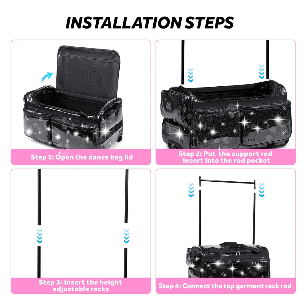 Dance Bag with Garment Rack,23"Glitter Rolling Dance Competition Bag with Organizer Bag, Collapsible Dance Travel Bag Suitcase for Dancers Performer Artist,Pink