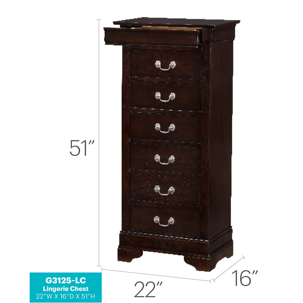 Glory Furniture Louis Phillipe 7 Drawer Lingerie Chest in Cherry
