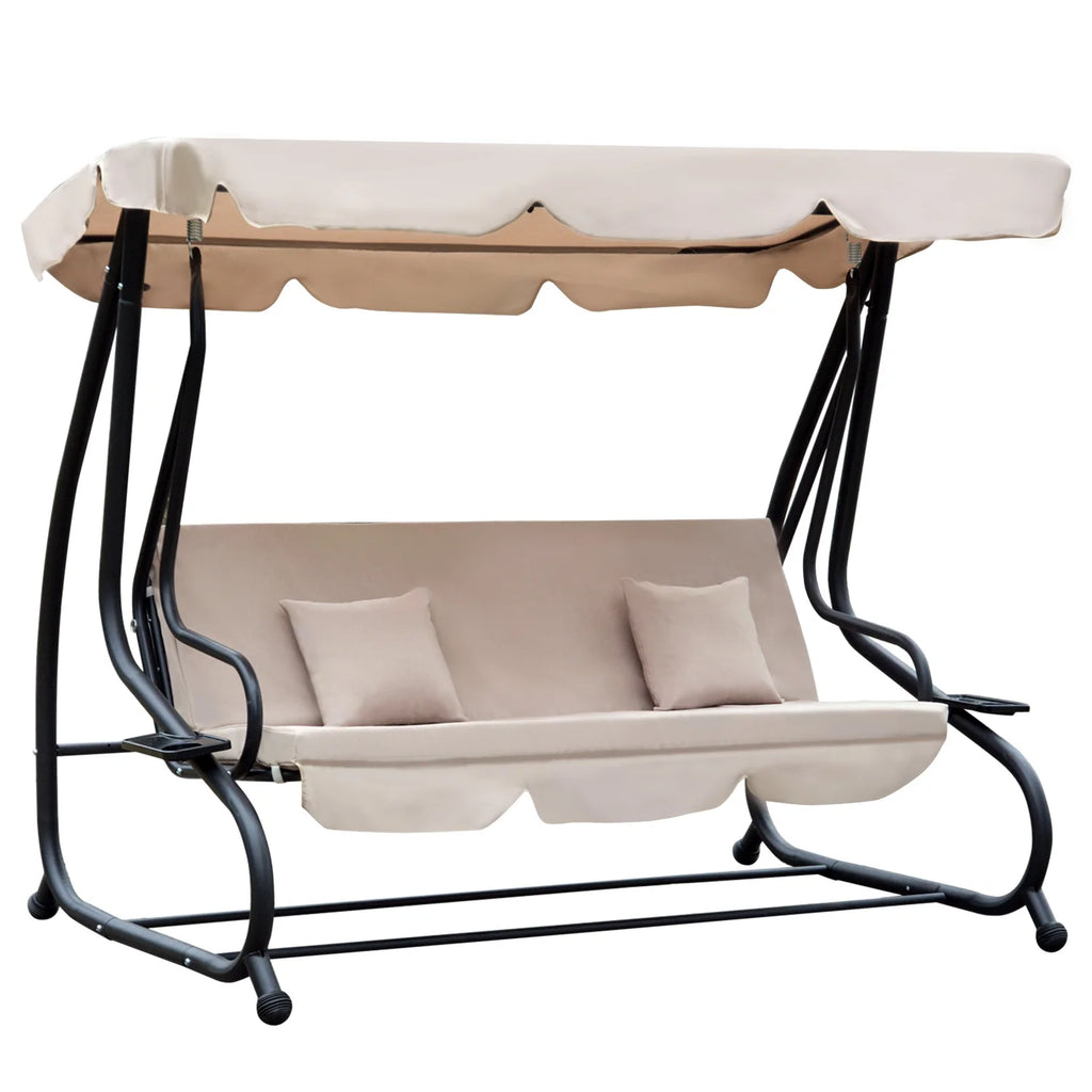 Outsunny 3-Seat Steel Outdoor Canopy Porch Swing with Cushions and Pillows, Light Brown