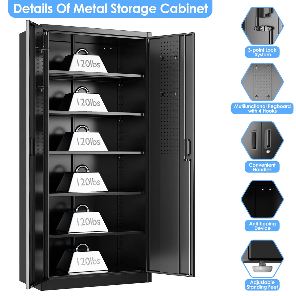 Supeer Locking Storage Cabinet with 5 Adjustable Shelves, Steel, Black, 71" H, Assemble Required