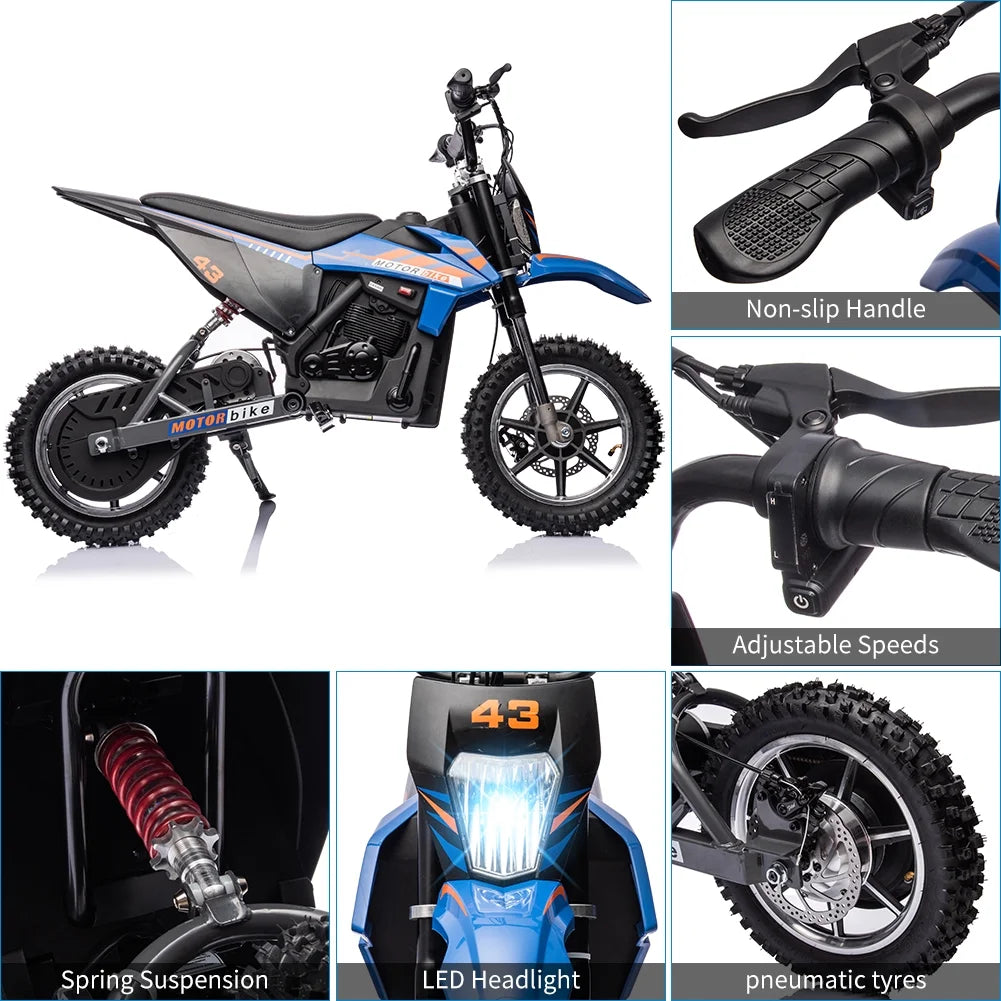 36V Electric Dirt Bike for Kids, Ride on Motorcycle 350W Brushless Motor Fast Speed 15.5MPH with LED Headlight, Leather Seat,Front+Back Brake for Teens Max Load 175lbs