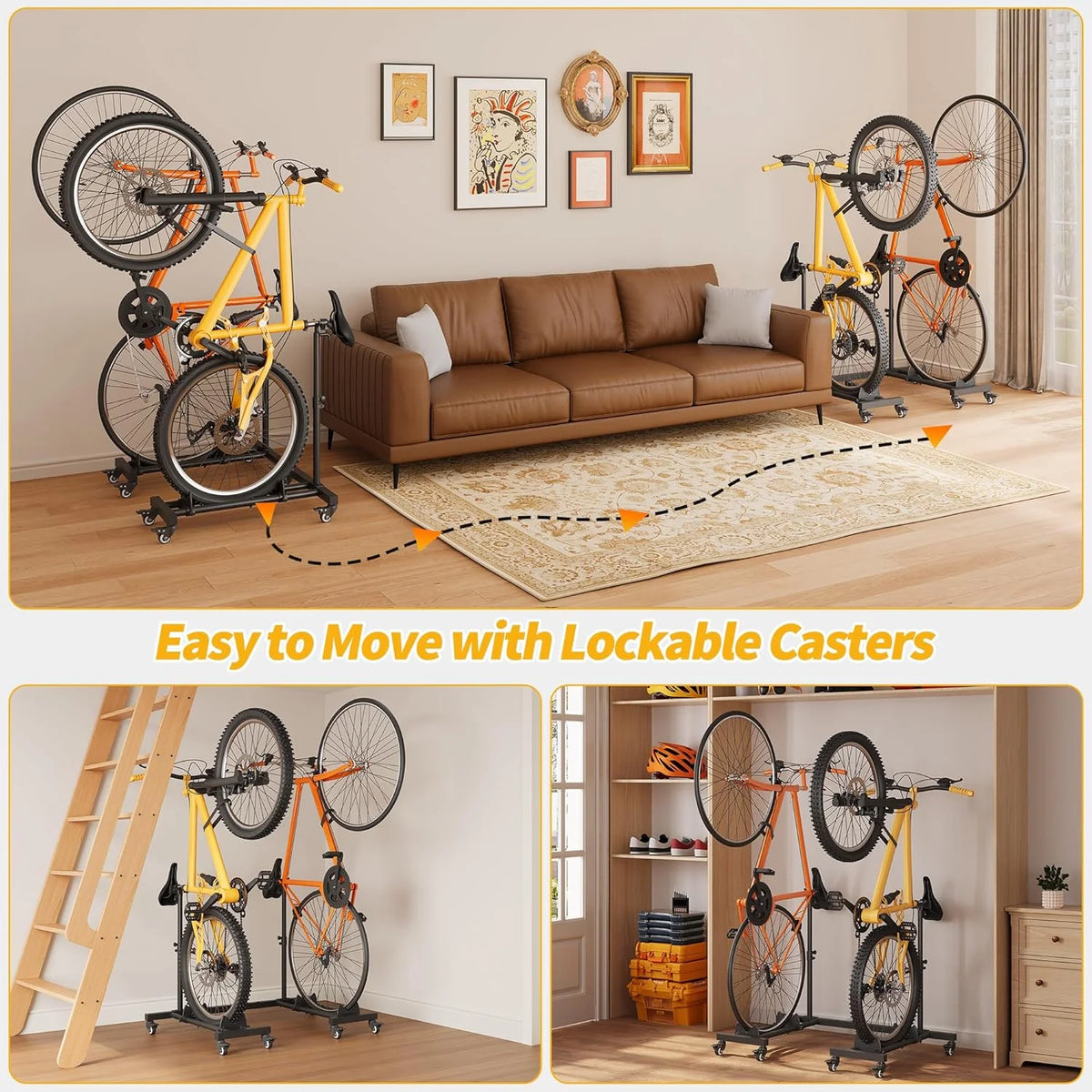 Vertical Bike Stands (2 Pack)��Standing Bike Rack for Garage Floor��Upright Bicycle Floor Stand Indoor Bike Holder with Adjustable Height for Garage & Apartment - for Wheels Sizes up to 29��