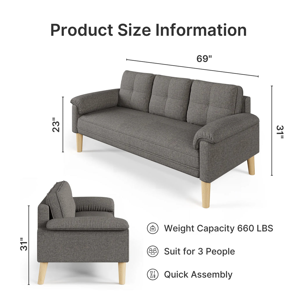 Lofka 69" Small Modern Sofa with Round Storage Coffee Table(Sliding Door) and Thick Armrest for Living Room & Apartment
