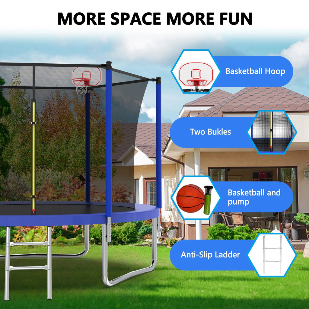 8FT Trampoline for Kids,Outdoor Trampoline with Basketball Hoop,Heavy-Duty Trampoline with Safety Enclosure Net,Blue