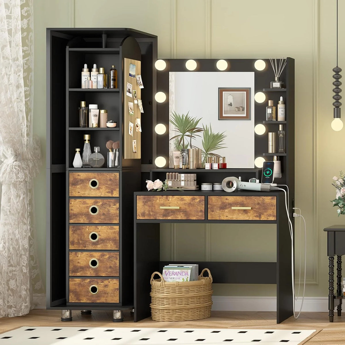 Makeup Vanity Desk with Mirror and Lights, White Vanity Desk with Charging Station, LED Cabinet, 5 Drawers & Storage Bag, Vanity Mirror with Lights Desk and Chair, Vanity Table Set with Stool