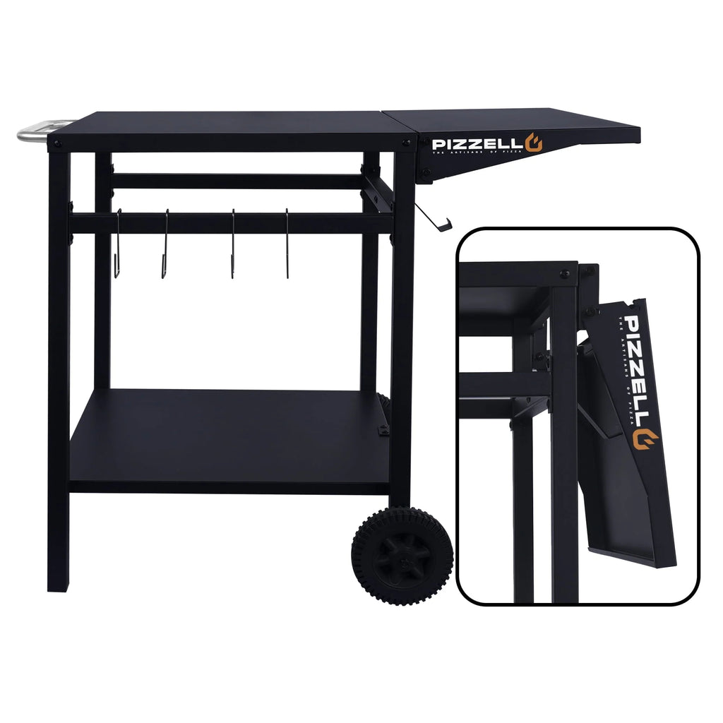 Pizzello Outdoor Grill Pizza Oven Food Prep Bbq Cart Stand Table with Storage Wheels Expandable Countertop, Black