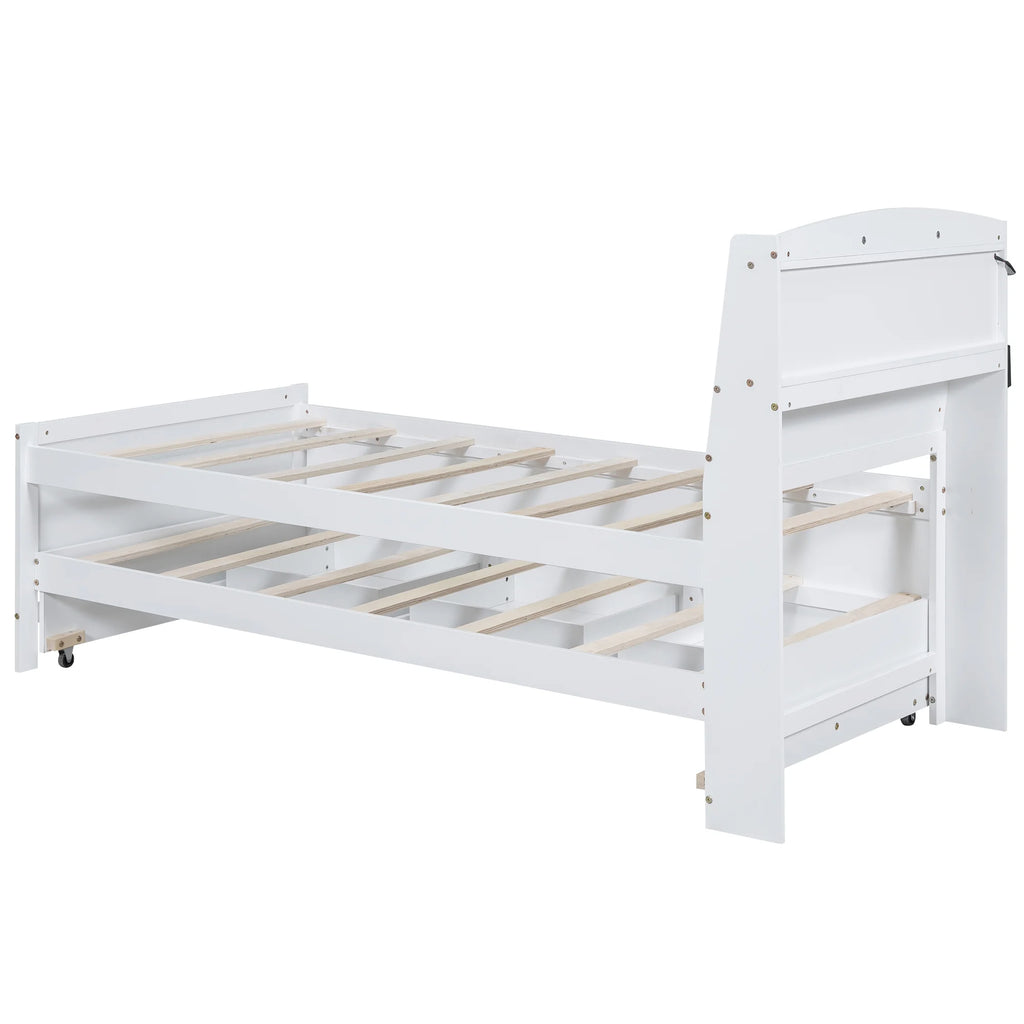 Euroco Wood Twin Size Platform Bed with Storage Headboard, Drawers Trundle and LED Light, White