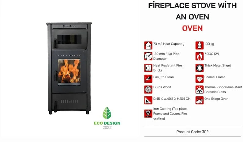 Wood Burning Stove, Superior Cast Iron, Black Modern Indoor Winter Heater, Cooking with Oven, High Efficiency