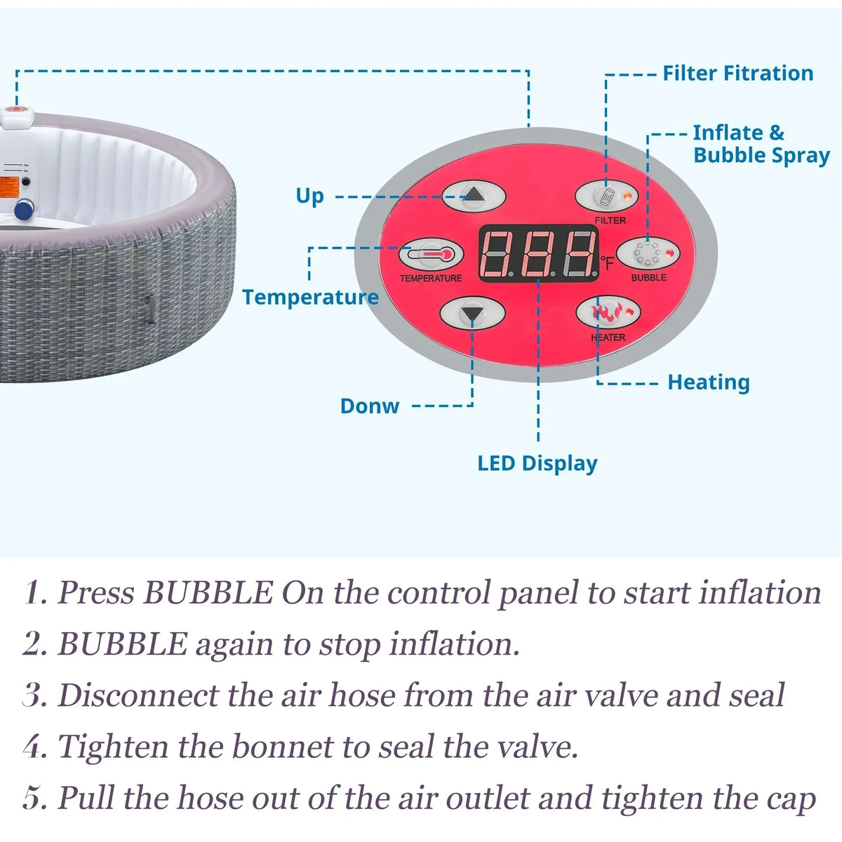 Portable Inflatable Hot Tub with Built-in Heating System - 264 Gallon Capacity, Massage Jet Home Hot Tub with Dust Cover for Teens and Adults, Wood Grain