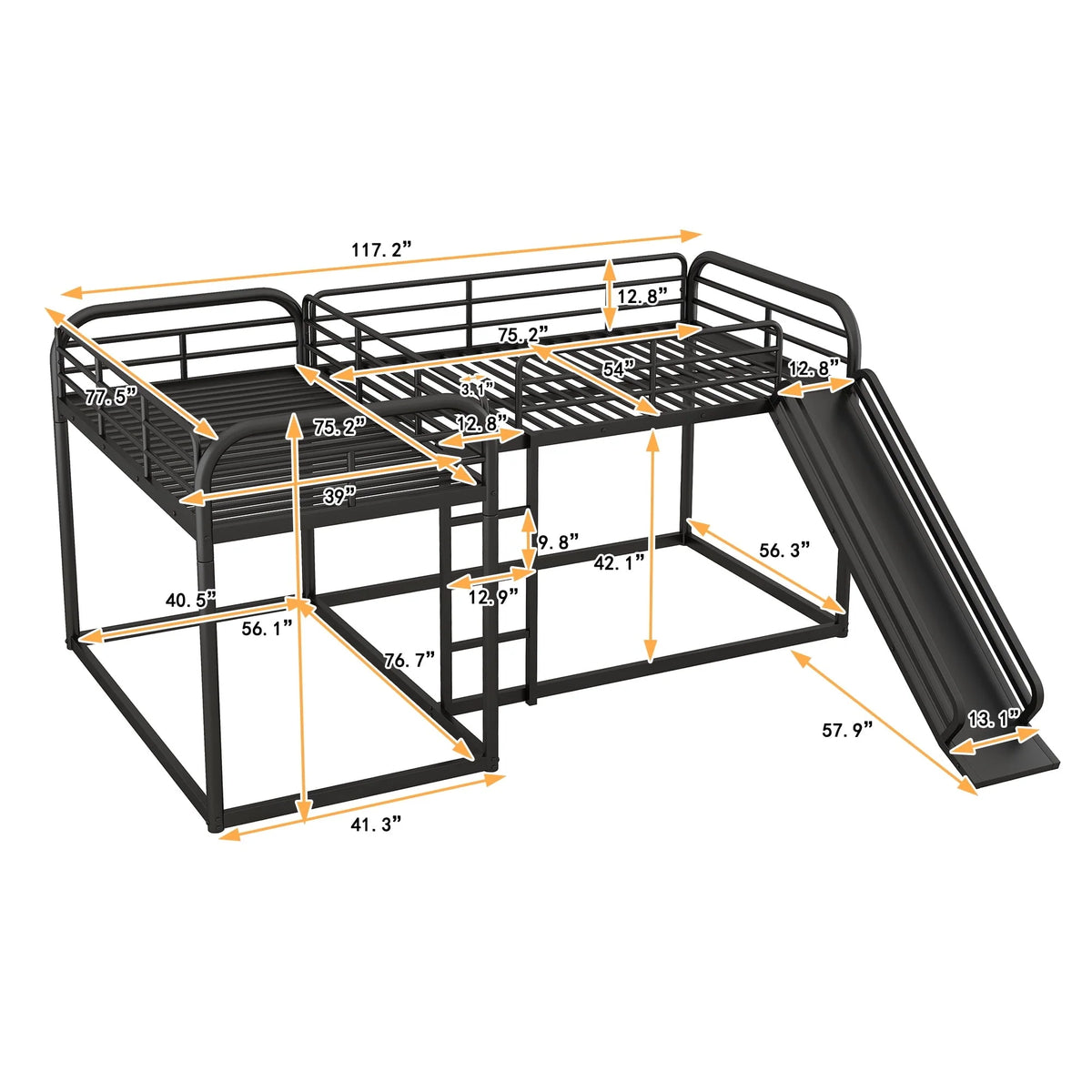 Full and Twin Size L-Shaped Quadruple Metal Bunk Bed with Slide for Kids, Black