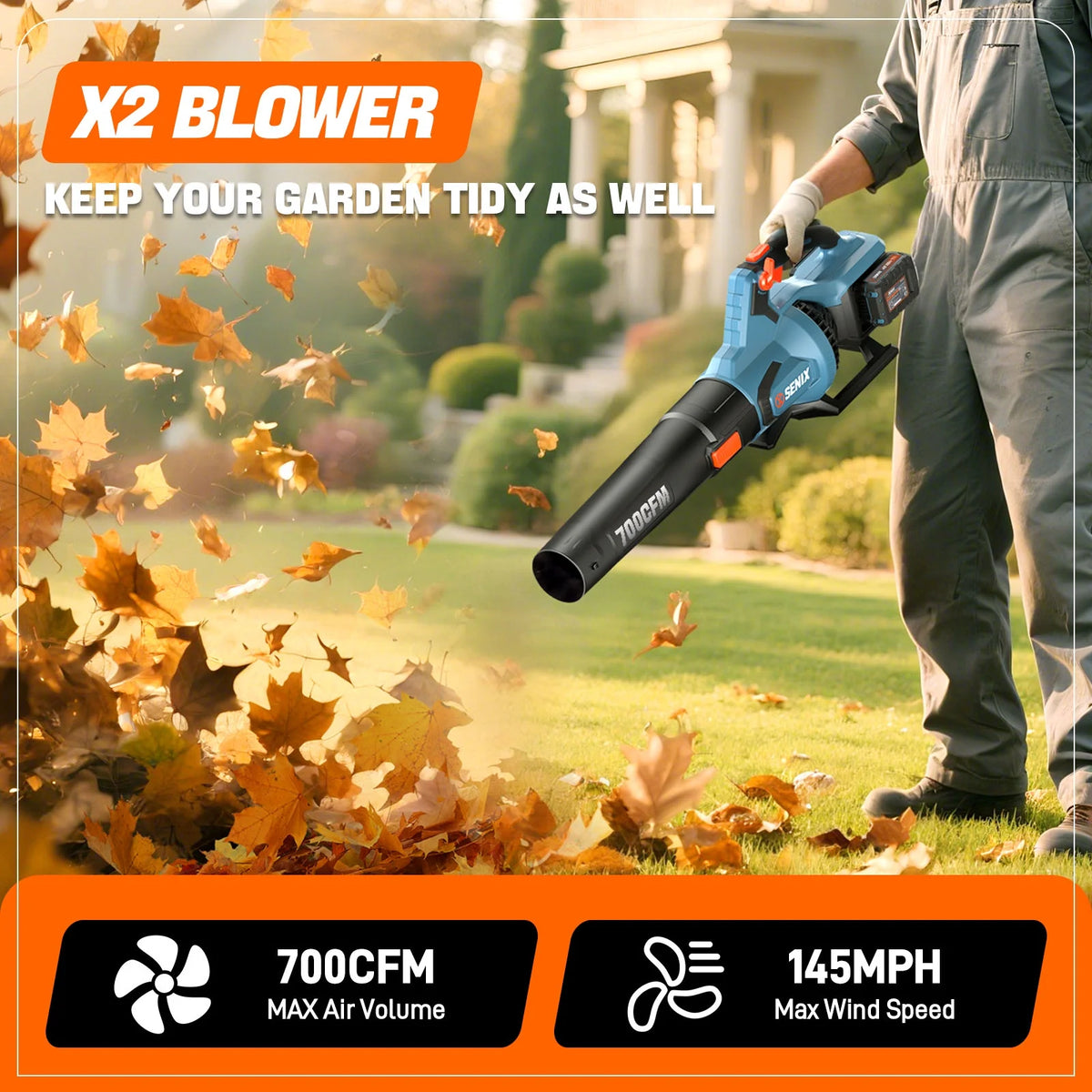 SENIX X6 60V Max* Brushless Cordless Leaf Blower with 4.0 Ah Battery and Charger, Variable Speed Up to 810CFM 170MPH, BLAX6-M1