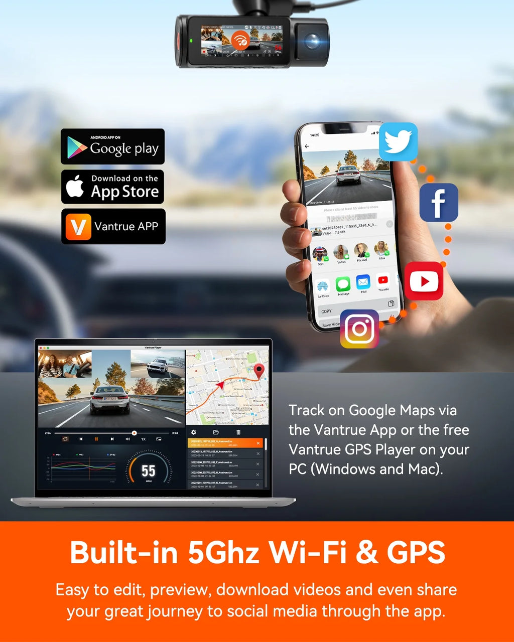Vantrue Nexus 4  Pro 3 Channel 4K WiFi Dash Cam, STARVIS 2 IMX678 Night Vision, Voice Control, HDR, 24 Hours Parking Mode, Support 512GB Max