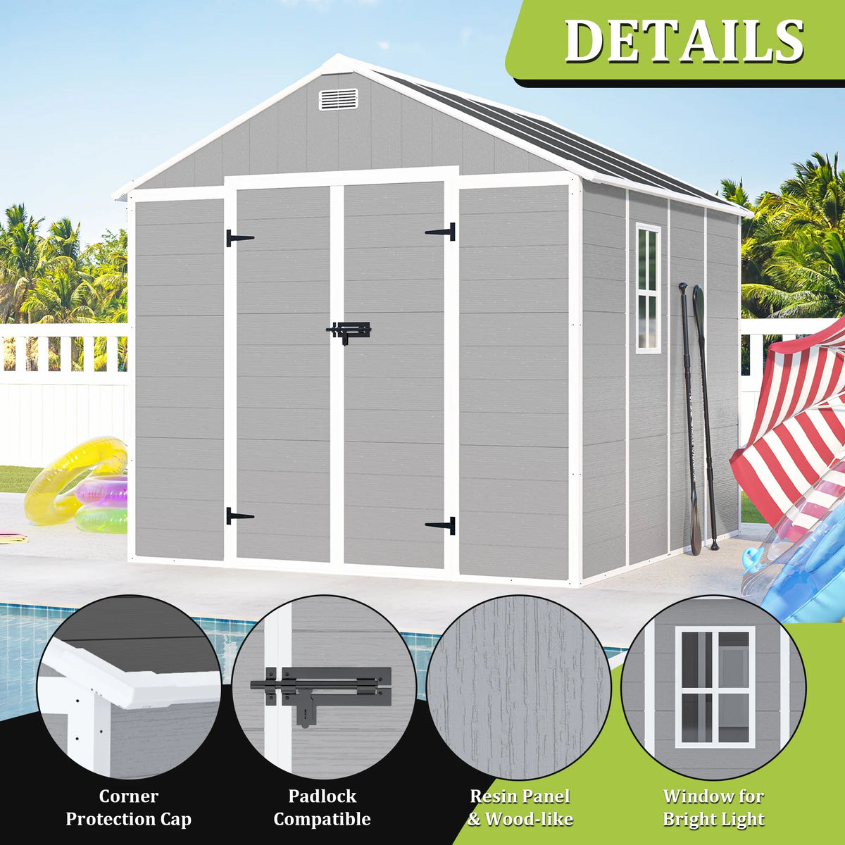 Seizeen Shed and Outdoor Storage, 41 Cu.Ft Small Outdoor Resin Shed with 3 Doors & Floor, 306GAL Deck Box Waterproof Plastic Tool Storage Shed for Cushion Lawn Mower Garbage Cans