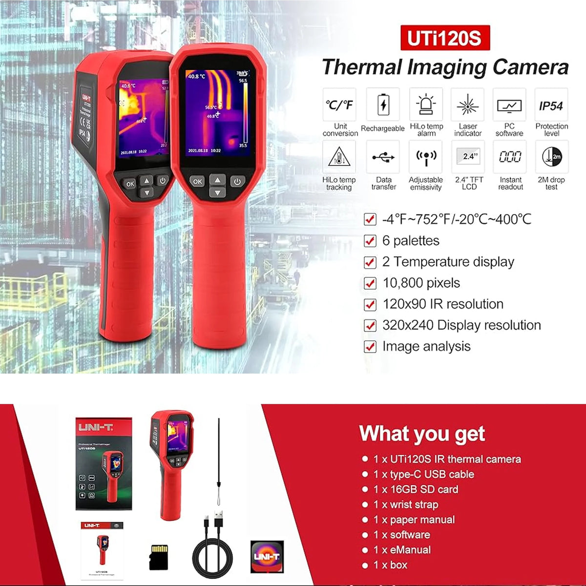 UNI-T UTI120S Thermal Imaging Camera 120x90 IR Resolution 10800 Pixels -20~400�� 2 Meter Drop Durability IP54 Rechargeable 16GB MicroSD