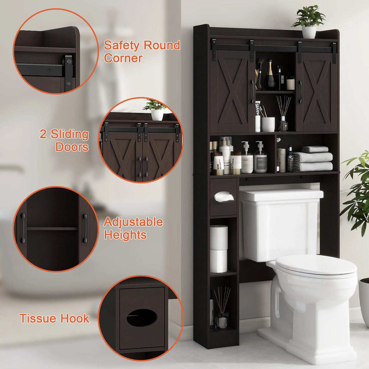 Over The Toilet Storage Cabinet, Farmhouse Storage Cabinet Over Toilet with Sliding Doors��Home Space-Saving Toilet Rack, for Bathroom, Restroom, Laundry