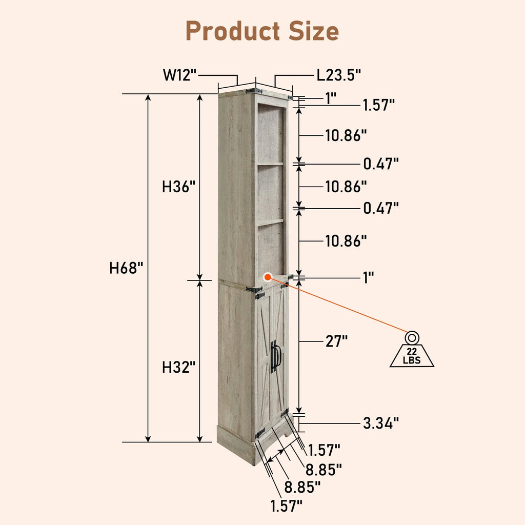 OKD Farmhouse Tall Corner Cabinet with Barn Door & Adjustable Shelves, 68" Rustic Wood Corner Cabinet with Storage Cabinet for Bathroom, Kitchen, Antique White