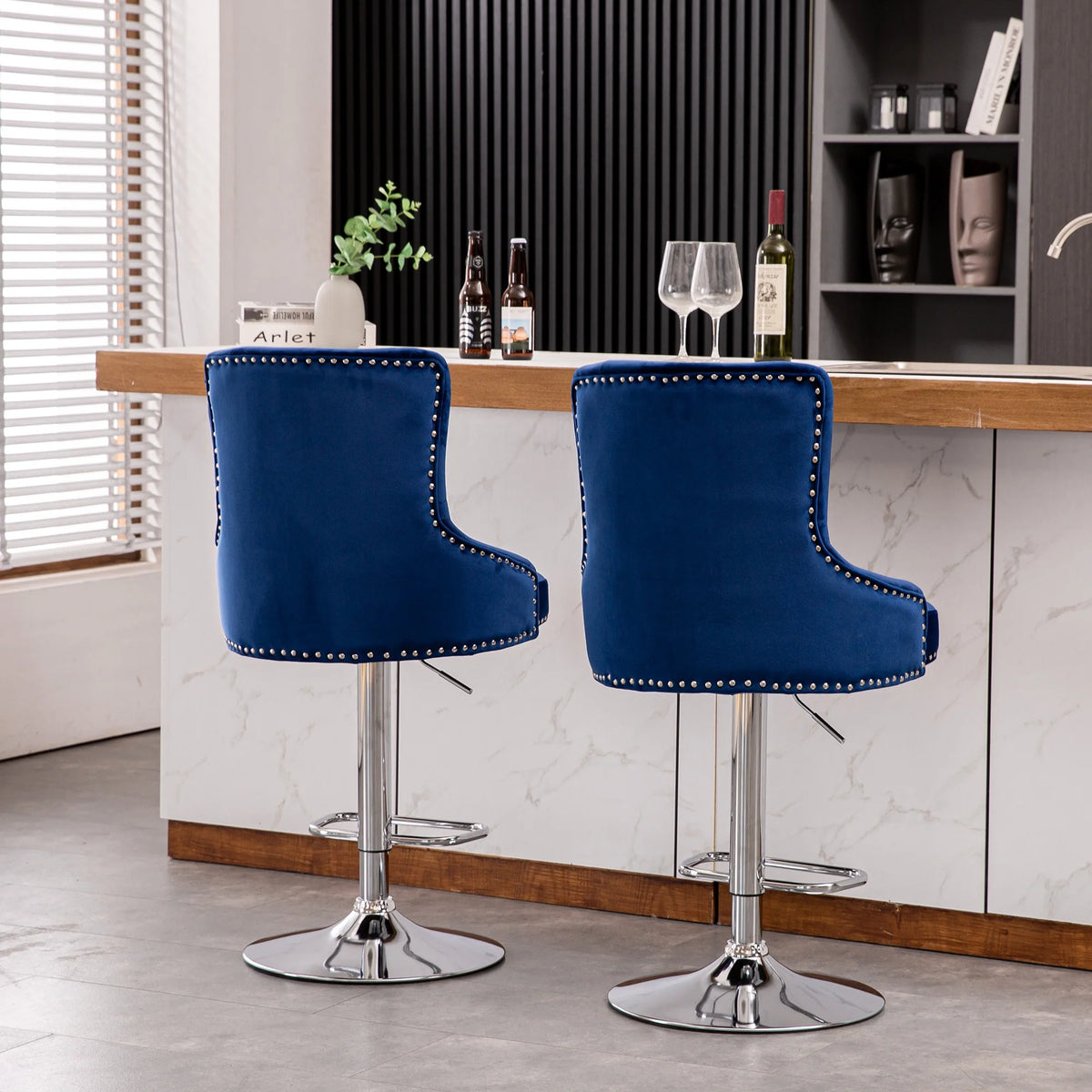 Alexent  2PCS Swivel Bar Stools, High Back, Button Tufted, Silver Footrest and Nailhead Trim Swivel Bar Chairs for Kitchen, Bar Velvet Upholstered Bar Stools, Dark Blue