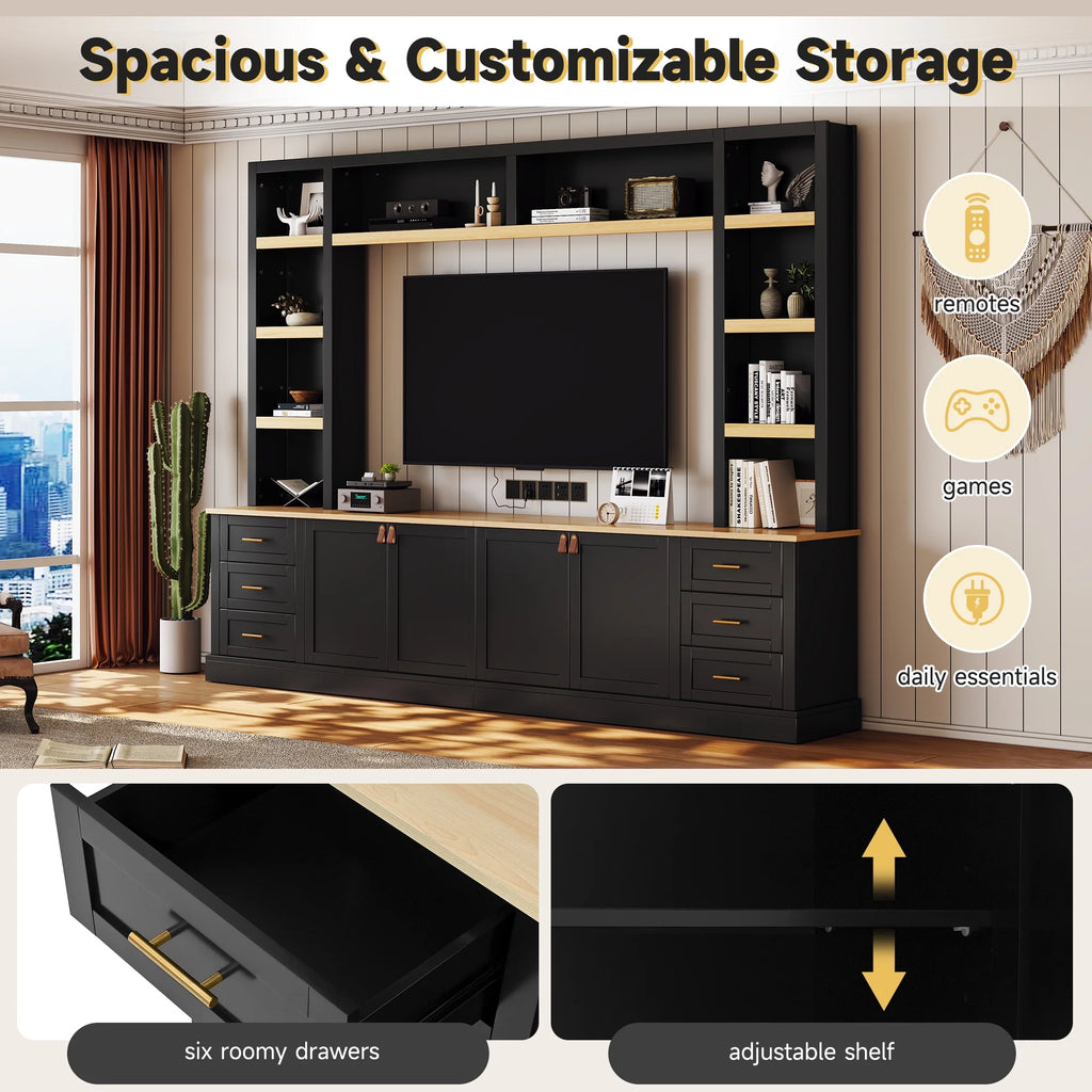Euroco 102.3"W Farmhouse 4-Piece Entertainment Center Wall Unit with Adjustable Shelf, Modern Large TV Stand with Bookshelves