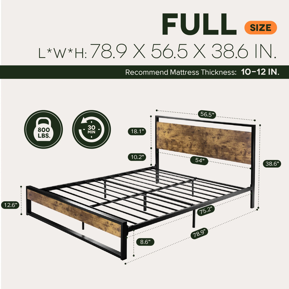 Einfach Full Size Bed Frame with Modern Wooden Headboard,Black,No Box Spring Needed