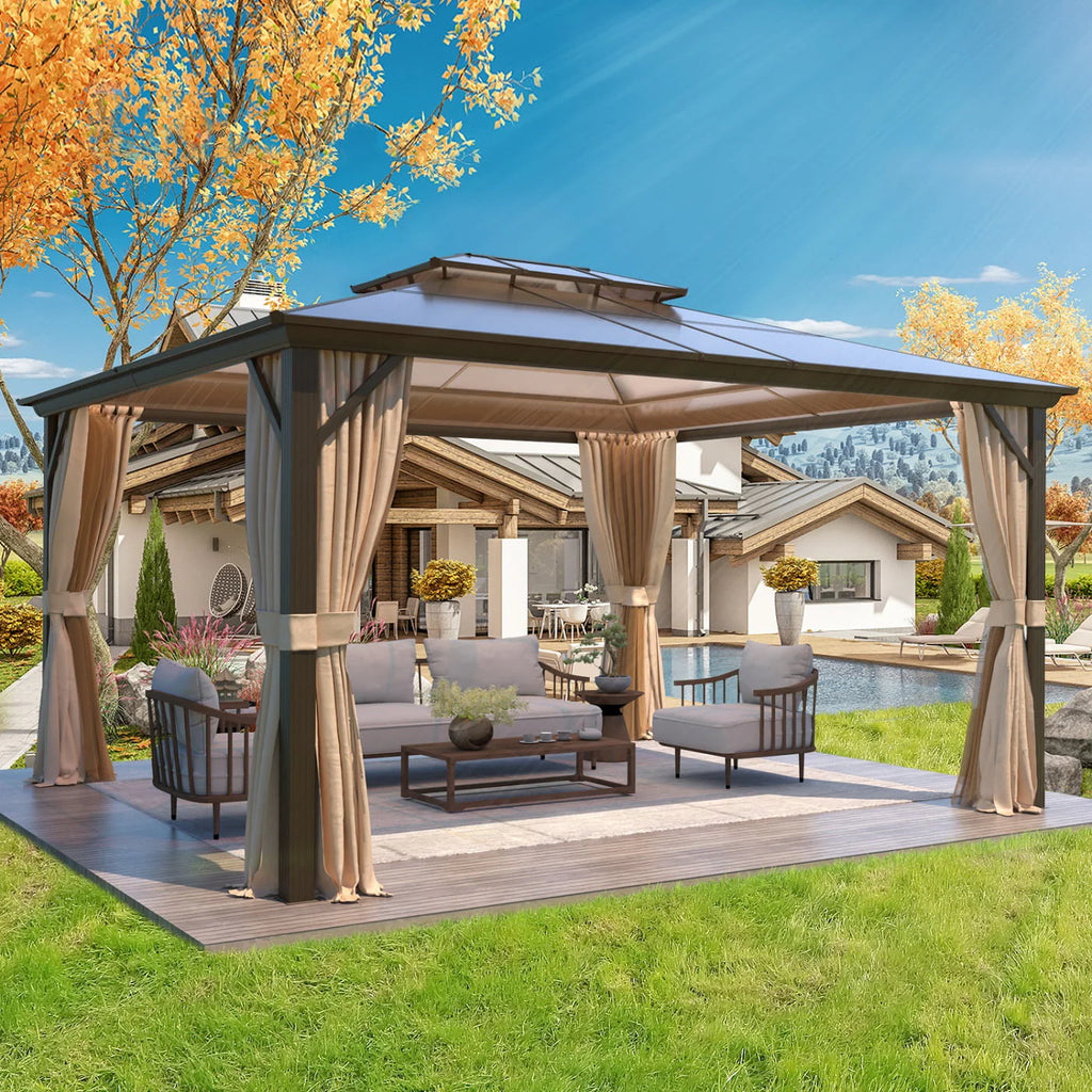 Yoleny 12'x16' Outdoor Polycarbonate Double Roof Hardtop 12 ft Gazebo Canopy, Brown
