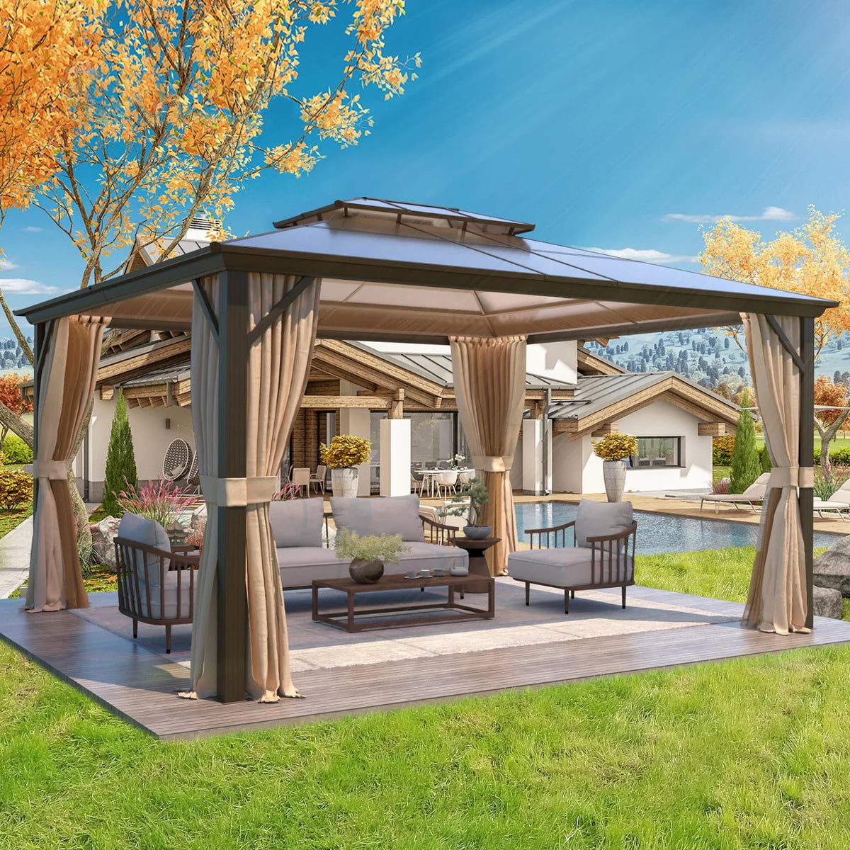 Yoleny 12'x16' Outdoor Polycarbonate Double Roof Hardtop 12 ft Gazebo Canopy, Brown