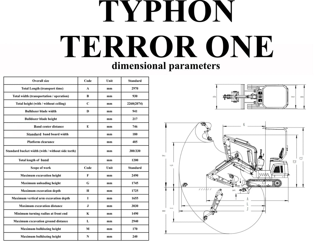 TYPHON TERROR ONE STORM 1-Ton Mini Excavator with Canopy, Hydraulic Thumb, and 13.5hp Engine