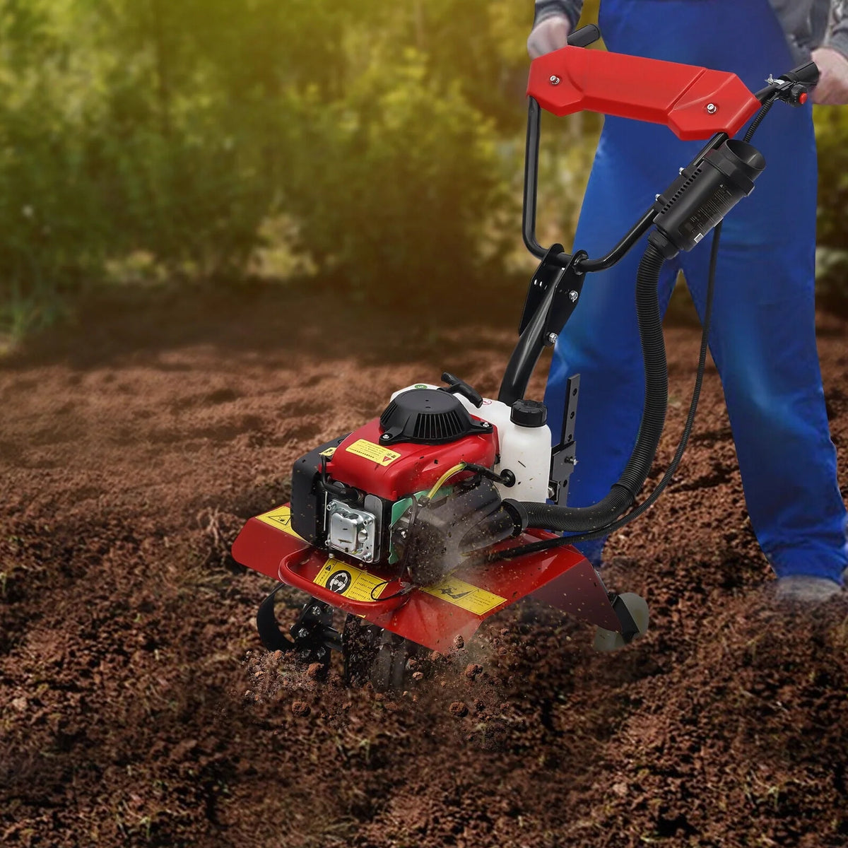 63cc Air-Cooled Gas Power Garden Tiller Cultivator Equipment 4-Stroke Portable Gas Tiller Yard Plant Farm Tilling Tool 1600W 9000RPM