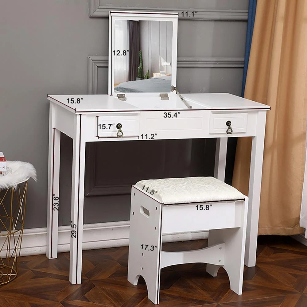 Ktaxon Vanity Set,Flip-top Mirror Dressing Table Makeup Vanity Table Writing Desk with 2 Drawers and Stool, White